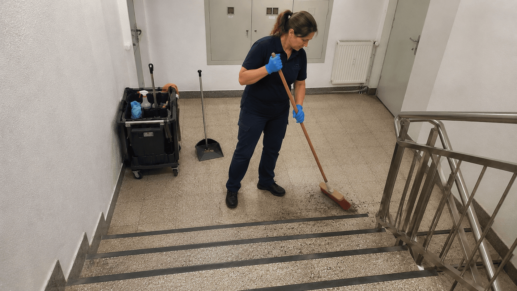 Reinigungsfachkraft kehrt Treppenabsatz mit Besen