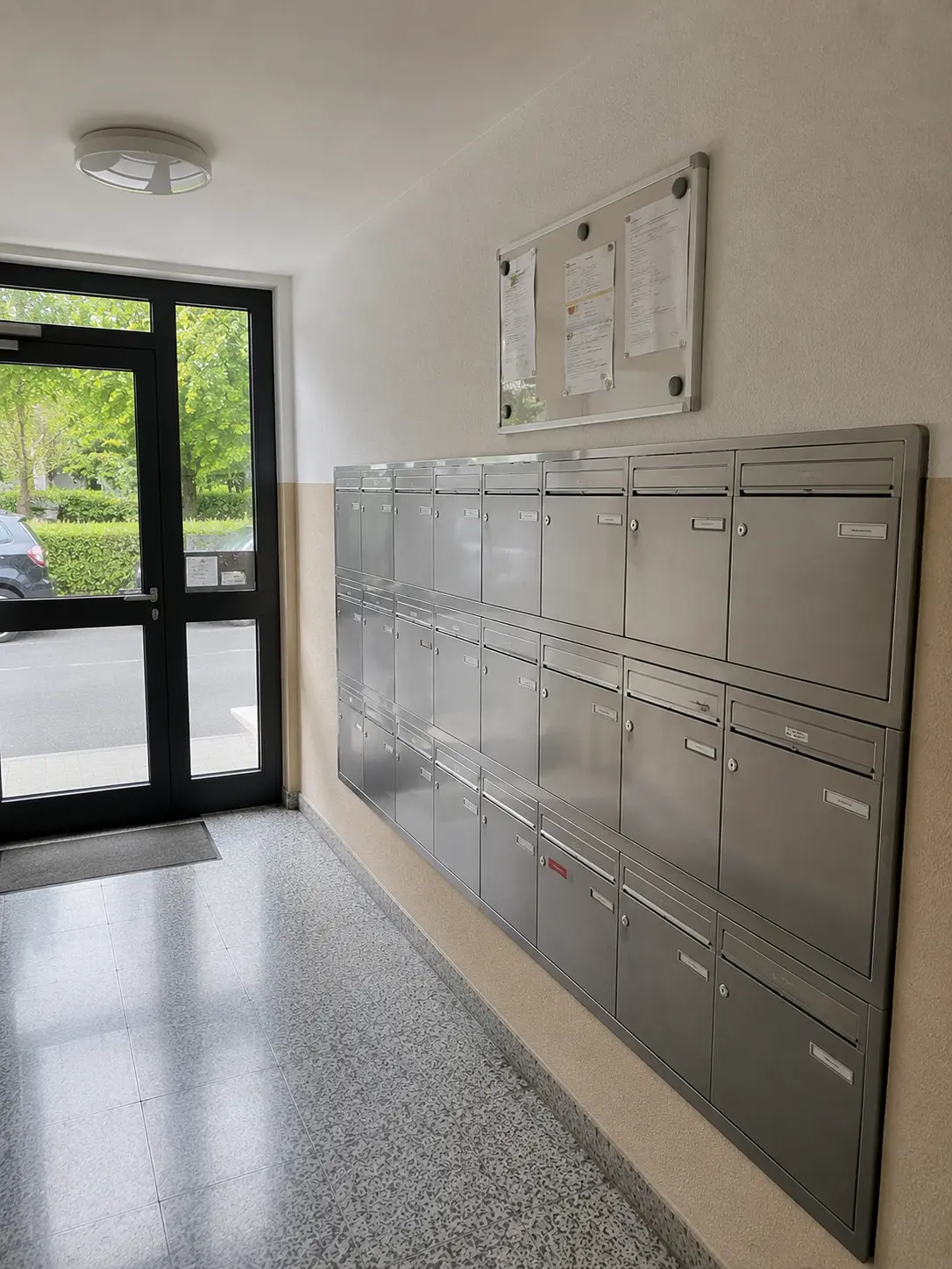 Briefkästen im Eingangsbereich eines Treppenhauses