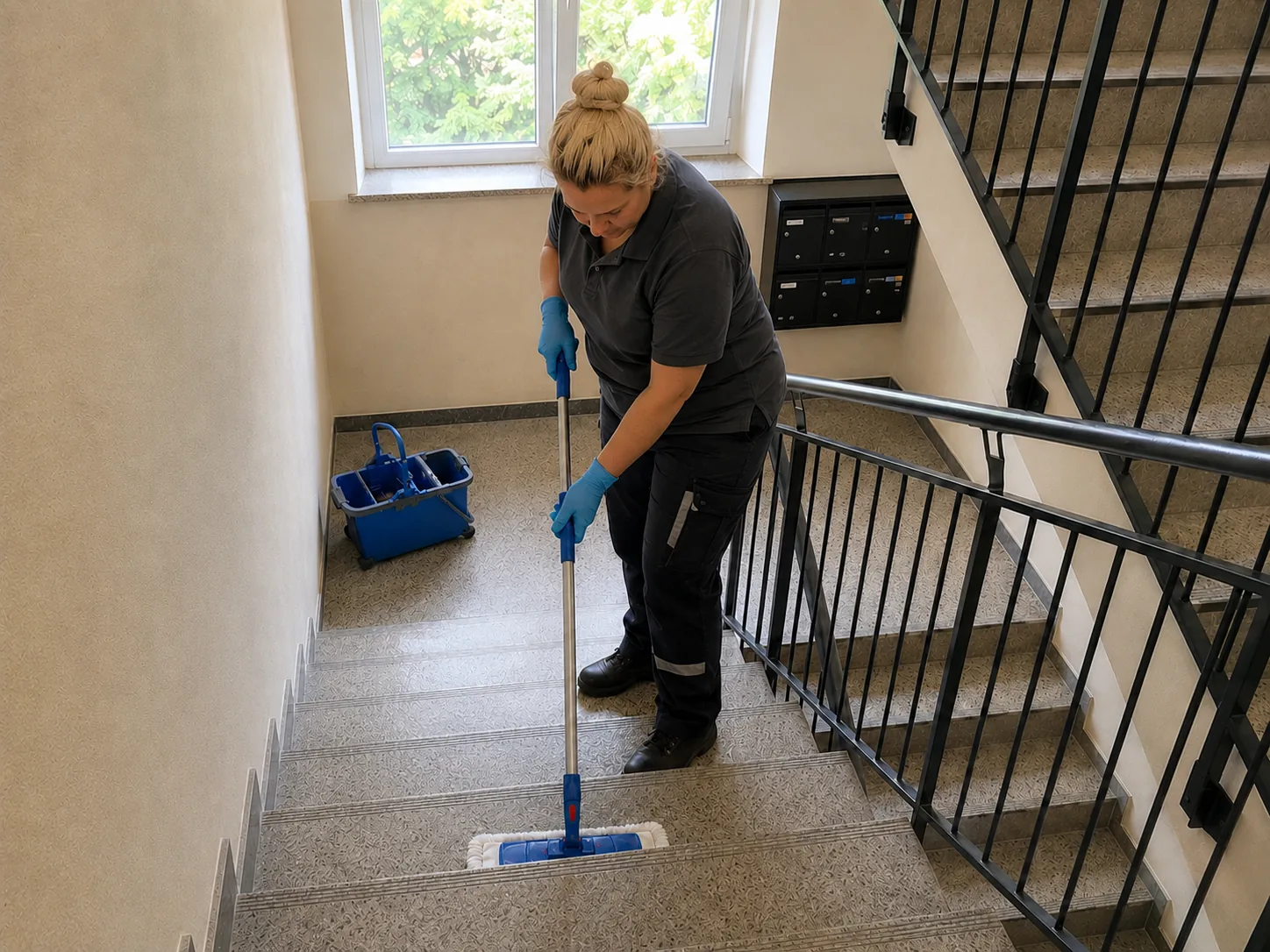 Terrazzoboden in einem Mehrfamilienhaus in Essen Stadtmitte wird gewischt